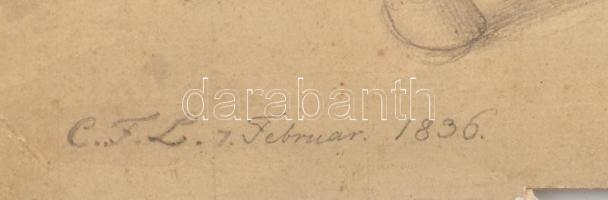 C. F. L: jelzéssel: Csatajelenet lovaskatonákkal. Ceruza, karton. Kissé foltos. Lap alja vágott, bal...