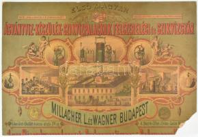 Millacher és Wagner ásványvíz-készülék-szikvízpalackok felszerelési és szikvízgyár Budapest II. Kacsa utca. Nagyméretű reklám plakát kartonon, levágott az alja, sarka letörött, 74x51 cm