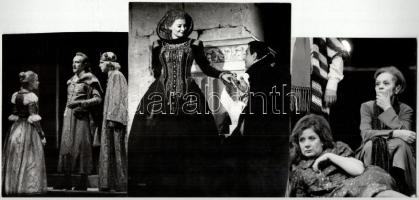 Keleti Éva jelzéével 10 db vintage színházi jelenetfotó (Venczel Vera, Tordy Géza, Koncz Gábor, Drahota Andrea, Vogt Károly, Avar István, Moór Marianne, Kútvölgyi Erzsébet, Sulyok Mária, Ruttkai Éva, Margittai Ági, Huszti Péter, stb.), vegyes méretben