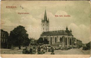 1910 Eperjes, Presov; Fő utca, Római katolikus templom, piac. Divald Károly Fia fénynyomdája / main street, Catholic church, market (kopott sarkak / worn corners)