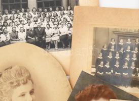 cca 1900-1940 Hölgyeket, lányokat ábrázoló portrék és csoportképek, 6 db fotó, vegyes állapotban, 16...