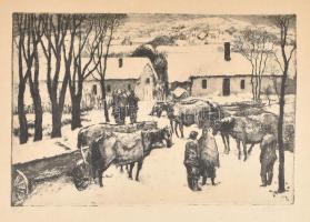 Bencze László (1907-1992): Tél. Rézkarc, papír, jelzett, kartonra kasírozva. 19,5x29,5 cm
