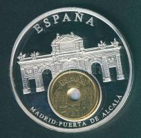 Spanyolroszág DN "Európai valuták - Madrid, Puerta de Alcalá" Ag emlékérem 52,5g 1997-es aranyozott 25P-sal T:PP
