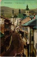 1913 Selmecbánya, Banská Stiavnica; Deák Ferenc utca, piac, szálloda. Joerges kiadása 1910. / street view, market, hotel (EK)