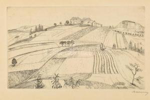 Barcsay Jenő (1900-1988): Dombos táj. Rézkarc, papír, jelzett. 16×26 cm. Üvegezett fakeretben. Lap széle kissé foltos.