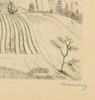 Barcsay Jenő (1900-1988): Dombos táj. Rézkarc, papír, jelzett. 16×26 cm. Üvegezett fakeretben. Lap s...