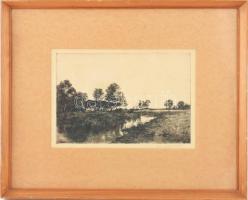 Csergezán Pál (1924-1996): Tanya. Rézkarc, papír, jelzett, 19,5x29 cm, üvegezett fakeretben