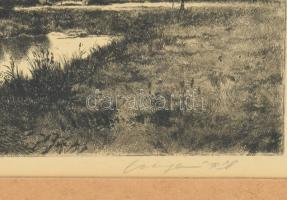 Csergezán Pál (1924-1996): Tanya. Rézkarc, papír, jelzett, 19,5x29 cm, üvegezett fakeretben