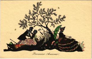 Premier Amour / Romantic silhouette art postcard with couple, first love. Primus W.L.B. No. 2103.