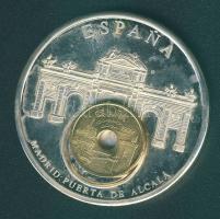 Spanyolország DN "Európai valuták - Madrid, Puerta de Alcalá" Ag emlékérem 52,5g 1999-es aranyozott 25P-sal T:exPP