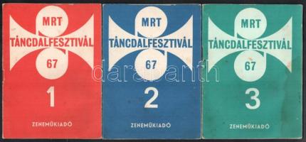 1967 MRT Táncdalfesztivál 1-3. Bp., Zeneműkiadó. Kiadói kissé kopott papírkötések, a tartalomnál bejegyzésekkel, nevesítésekkel.