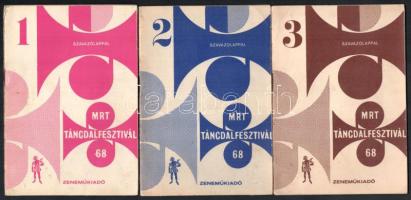 1968 MRT Táncdalfesztivál 1-3. Bp., Zeneműkiadó. Kiadói kissé kopott papírkötések, a tartalomnál bejegyzésekkel, nevesítésekkel.