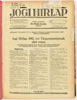 1942 Jogi Hirlap XVI. évf. 1-52. sz., 1942. jan. 3. - dec. 26. (Teljes évfolyam). Szerk.: Dr. Boda Gyula. Bp., 1942, Centrum Kiadóvállalat Rt., 416 p. Aranyozott gerincű félvászon-kötésben, helyenként kissé sérült lapokkal, régi intézményi bélyegzőkkel. (Az utolsó két szám a kötet elejére kötve).