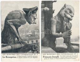 2 db RÉGI francia propaganda képeslap A katedrális szörnyei sorozatból: I. Ferenc József, Vilmos porosz és német császári herceg / 2 pre-1945 French propaganda postcards from The Monsters of the Cathedral (Les Monstres des Cathédrales) Series: Franz Joseph I of Austria, German Crown Prince Wilhelm. Édition Lorraine