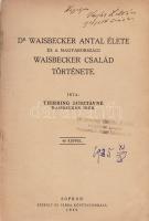 Thirring Gusztávné Waisbecker Irén: Dr. Waisbecker Antal élete és a magyarországi Waisbecker család története. 40 képpel. (Dedikált kiadói kolligátum.) Sopron, 1935. Székely és Társa ny. 50 + [2] p. Feltehetően a szerző által dedikált példány: ,,Nagyságos Vargha Zoltán igazgató úrnak. Fűzve, sérült kiadói borítóban, az első fedőborítón katalógusszámmal, egykori tulajdonosi bélyegzéssel, valamint a fűzést erősítő egykori ragasztócsík nyomaival. ///  A munkához hozzáfűzve a következő munka: Thirring Gusztávné Waisbecker Irén Újabb adatok a magyarországi Waisbecker-történetéhez és egyéb családi emlékek. 8 képpel. Sopron, 1937. Székely és Társa ny. 20 p. A két mű Thirring Gusztávné született Waisbecker Irén (1868-1957) pedagógus, tanítónő családtörténeti munkája felmenőinek történetéről, a Frankfurt környékéről Kőszegre beköltöző frank Waisbeckerekről, a 18. századi betelepüléstől 1919-ig, a család Tanácsköztársaság alatti üldöztetéséig. Az oldalszámozáson belül számos szövegközti fényképpel illusztrált családtörténeti munka közli a pedagógus szerző néprajzi és népesedéspolitikai írásainak listáját is, a szerző rövid életrajza kíséretében. E másodikként kiadott ,,Újabb adatok című mű pontosítja az alapmunka néhány adatát. Az első munka címoldalán, illetve a fedőborítón régi tulajdonosi bélyegzés. Néhány oldal ragasztással erősítve, néhány levél kijár. Prov. és poss.: Vargha Zoltán. [görzsönyi Vargha Zoltán (sz. 1881) történelem és földrajz szakos tanár, középiskolai igazgató.] Fűzve, borító nélkül.