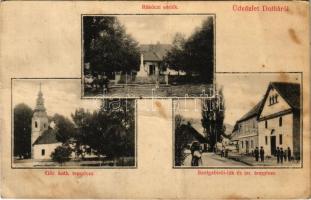 1909 Dolha, Dovhe; Rákóczi emlékmű, Görögkatolikus templom, Szolgabírói lak és izraelita templom, zsinagóga. Kerschenbaum Márkusz kiadása / monument, Greek Catholic church, judges office, synagogue (fa)