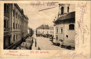 1900 Temesvár, Timisoara; Belváros, Szent György tér, lóvasút, Városi gyógyszertár, Várneky A., Warcz Dániel üzlete / square, horse-drawn tram, pharmacy, shops (vágott / cut)