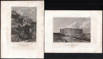 4 db római kori romokat ábrázoló metszet: Róma (Porta Maggiora, Colliseum), Spoleto, Pola. Acélmetsz...