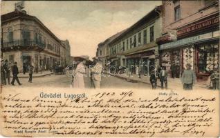 1903 Lugos, Lugoj; Király utca, Fenyves Oszkár, Blum Jakab és Fiai üzlete. Auspitz Adolf kiadása, montázs / street view, shops, montage (EK)