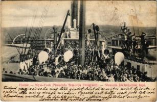 1906 Fiume, Rijeka; Fiume-New York Piroscafo Slavonia Emigranti / SLAVONIA kivándorlási hajó. D.K. Bp. 882. sz. / Cunard Line SS Slavonia emigration ship at the port (EB)
