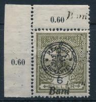 Nagyvárad 1919 Turul 6f ívsarki bélyeg kettős felülnyomással, Bodor vizsgálójellel. RR!