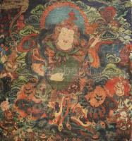 Thangka, Dhatarattha ábrázolással. Tibet vagy Kína, XX. sz. első fele, nyomat, vászon. 90x82 cm, korának megfelelő állapotban, hátulján kopott, foltos, feltekerve.