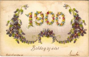 1900 Boldog Újévet / New Year greeting art postcard. Floral, litho (fl)