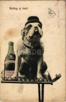 1907 Boldog Újévet! Kutya pezsgővel / New Year greeting postcard, dog with champagne (fl)