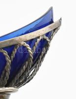 Ezüst (Ag) Empire antik csónak alakú fűszertartó, kék üvegbetéttel, jelzett, nettó: 53,7 g