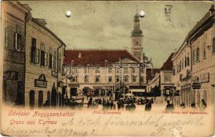 1899 (Vorläufer) Nagyszombat, Tyrnau, Trnava; Hauptplatz / Fő tér, Szentháromság szobor, Bauer, Manheimer, Hugo Martiny, Magran Miksa, Leopold Herzog üzlete, piac. Horovitz Adolf kiadása / main square, Holy Trinity statue, shops, market (lyukasztott / punched holes)