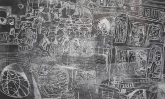 Balogh László (1930-2002): Agresszió I. Cinkkarc, papír, jelzett. Üvegezett keretben, 55x29,5 cm