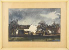 Weintrager Adolf (1927-1987): Őszi délután. Akvarell, papír. Jelezve jobbra lent. Hátoldalán Képcsarnok Vállalat címkéjével. Üvegezett fakeretben. 35,5x55 cm.