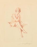 Merényi Rudolf (1893-1957): Női portré. Színes rézkarc, papír, jelzett. Sérült. Kissé foltos. Dekoratív, üvegezett fakeretben, 22,5×16 cm