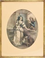 Jelenet. Színezett litográfia, papír, jelzés nélkül. XIX. sz. közepe-második fele. Dekoratív, üvegez...