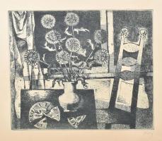 Túry Mária (1930-1992): Csendélet (enteriőr). Rézkarc, papír. Jelzett. 24,5×29,5 cm