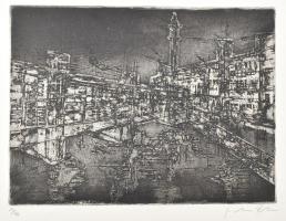 Olvashatatlan jelzéssel, feltehetően német művész, XX. sz. vége: Városkép. Rézkarc, papír. 29×39 cm