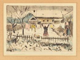 Olvashatatlan (Balázs?) jelzéssel, magyar művész: Téli ruhaszárítás. Színezett rézkarc, papír. Paszpartuban. 15×21 cm