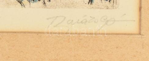 Olvashatatlan (Balázs?) jelzéssel, magyar művész: Téli ruhaszárítás. Színezett rézkarc, papír. Paszp...