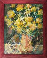 Prokop Péter (1919-2003): Sárga csokor. Olaj, farost, jelzett, hátoldalán autográf felirattal, fakeretben. 40×31 cm