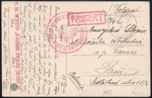 1914 Tábori posta képeslap piros / red "K.u.K. KRIEGSMARINE / S.M.S. KAISER FRANZ JOSEF I." , "S.M. SCHIFF ,,KAISER FRANZ JOSEF I." , "PASSIERT"