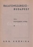 Koszorús Ilona: Balatonszárszó-Budapest. (Budapest, [1943]. (Bethlen-nyomda Rt.) 56 p. Egyetlen kiadás. Kötetünk a Soli Deo Gloria Diákszövetség 1928-tól Balatonszárszón megszervezett ifjúsági konferenciáihoz kötődik, ahol a népi értelmiség java rendszeresen megjelent, és ahol az 1930-es évektől a magyarság sorsával kapcsolatban meghatározó jelentőségű nemzetpolitikai viták zajlottak. A Balatonszárszó-Budapest vitadráma egy vonatút keretein belül zajlik, a konferencia két fiktív, eltérő világnézetű résztvevője - egy tanár és egy teológus - vitázik a műben. (S. D. G. krónika.) Fűzve, kiadói borítóban. Jó példány.