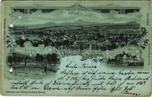 1899 (Vorläufer) Brád, látkép, vasútállomás, gőzmozdony, vonat, sodronypálya és strandfürdő, fürdőzők. Schwidernoch Károly műintézete. Ábrahám J. kiadása / general view, railway station, locomotive, train, wire rope course, ropeway transport, spa, bathers. Art Nouveau, floral, litho (lyukasztott / punched holes)