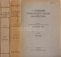 A podmanini Podmaniczky-család oklevéltára. Közzétette, családtörténeti bevezetéssel és jegyzetekkel ellátta Lukinich Imre. I. kötet. 1351-1510. II. kötet. 1510-1537. 1-2. kötet. Budapest, 1937-1939. Magyar Tudományos Akadémia (Városi Nyomda, Debrecen). LXII + [2] + 736 p. + 4 t. (fényképek); LXXVII + [1] + 739 + [1] p. A kötetek elején a Podmaniczky-család két időszakra bontott családtörténete, melyet latin nyelvű oklevéltár követ. Az egyes oklevelek előtt magyar nyelvű összefoglalók és részletes tartalom- és tárgymutató segíti az eligazodást a főúri család életében. A második kötet családtörténeti részében szövegközi rajzokkal és térképekkel. A mű öt kötetben teljes. A címlapokon régi gyűjteményi bélyegzések. Fűzve, egységes kiadói borítókban, jó példány.