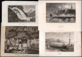 Nagy vegyes metszet tétel, tájak, épületek és városok, stb.; Itália, Csehország, Svájc stb. Acélmets...