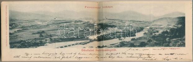 1901 Petrozsény, Petroseni, Petrosani; fűrésztelep. 2-részes kihajtható panorámalap. Grausam Károly kiadása, Honisch udvari fényképész felvétele / sawmill, factory. 2-tiled folding panoramacard (fa)