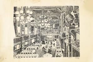 Németh Endre (?-?): Café Hungaria, Budapest, 1987. Tus, papír, jelzett, lap széle foltos és sérült, feltekerve, törésnyomokkal, 33,5x42,5 cm