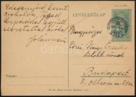 1937 10f díjjegyes levelezőlap "ESZTERGOM-BUDAPEST" mozgóposta bélyegzéssel