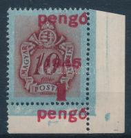 1945 Kisegítő portó 1P/10f ívsarki bélyeg nagyon látványosan elcsúszott felülnyomással (falc az ívszélen / hinge on the margin)