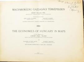 1921 Magyarország gazdasági térképekben. The economies of Hungary in maps. Gróf Teleki Pál béketárgyalást előkészítő iroda vezetője megbizásából szerk.: Edvi Illés Aladár és Halász Albert. Az egyik szerző, Halász Albert által DEDIKÁLT példány! Bp., 1921, Pallas, 8 p.+74 t. Átkötött haránt-alakú félbőr-kötésben, benne (nem bekötve) az eredeti elülső papírborítóval, az utolsó lap javított.