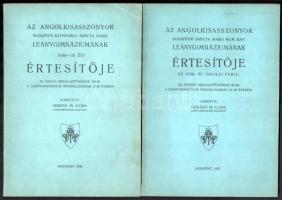 1934-37 Angolkisasszonyok budapesti katholikus Sancta Maria Leánygimnáziumának 2 db értesítője: 1934-35 és 1936-37. Kiadói papírkötés, néhány fekete-fehér képpel illusztrált.